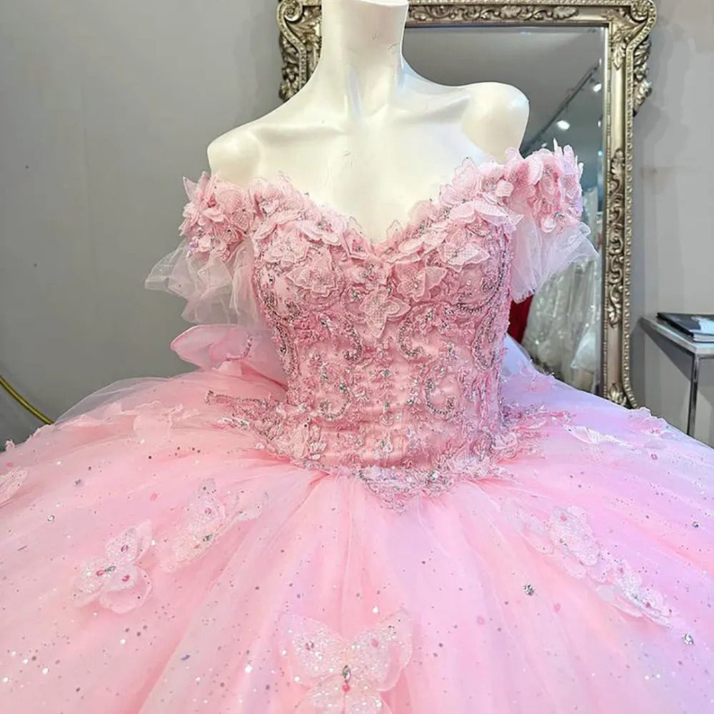 Pink Off The Shoulder 3D Butterfly Sequin Quinceanera Dresses Puffy Ball Gown Beading Appliques Lace Bow Tulle Sweet 16 Princess Party Gown