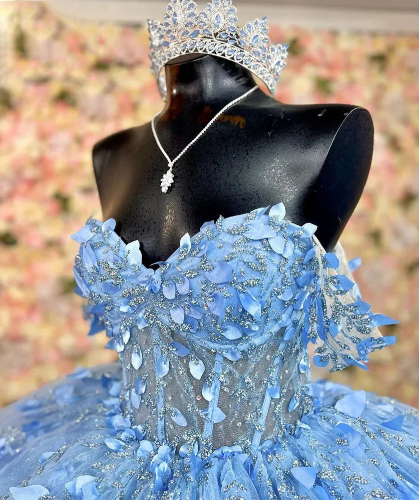 Robe de Quinceanera bleu ciel scintillante à épaules dénudées, robe de bal en cœur, fleurs, appliques, corset perlé, tulle, robe de bal, robe de soirée Sweet 16 pour juniors