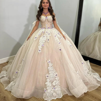 Sweetheart Ball Gown Tulle Lace Appliques Quinceanera Dresses Beaded Corset Butterfly Princess Sweet 16 Dress for Juniors