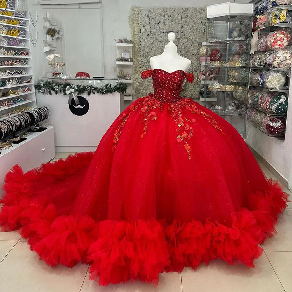 Red Off The Shoulder Quinceanera Dresses 2024 Beaded Lace Appliques Ruffles Birthday Party Prom Ball Gown Sweet 16 Dress