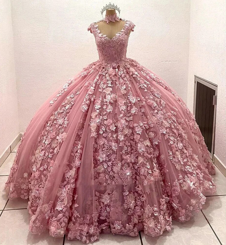 WQ1023 -Elegant Ball Gown Sweetheart Neck Sleeveless 3D Flower Appliques Beaded Pink Tulle Princess Gown Quinceanera Dress for Sweet 16