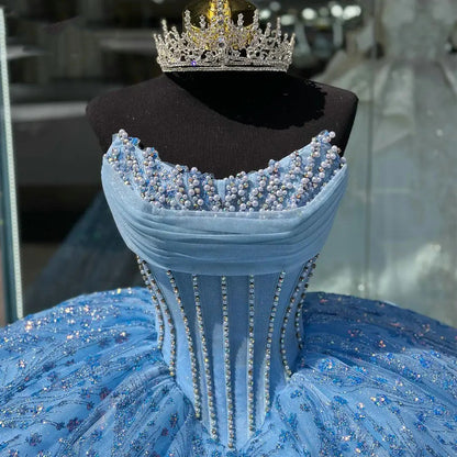 Sky Blue Strapless Sequined Quinceanera Dresses Ball Gown 2024 Corset Beading Glitter Tulle Princess Sweet 15 16 Birthday Party Gown with Train