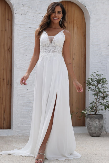 WW1008 - Simple A-Line Low V Neck Spaghetti Straps Seeveless Appliques Bride Gown Side Slit and Train Chiffon Beach Wedding Dress