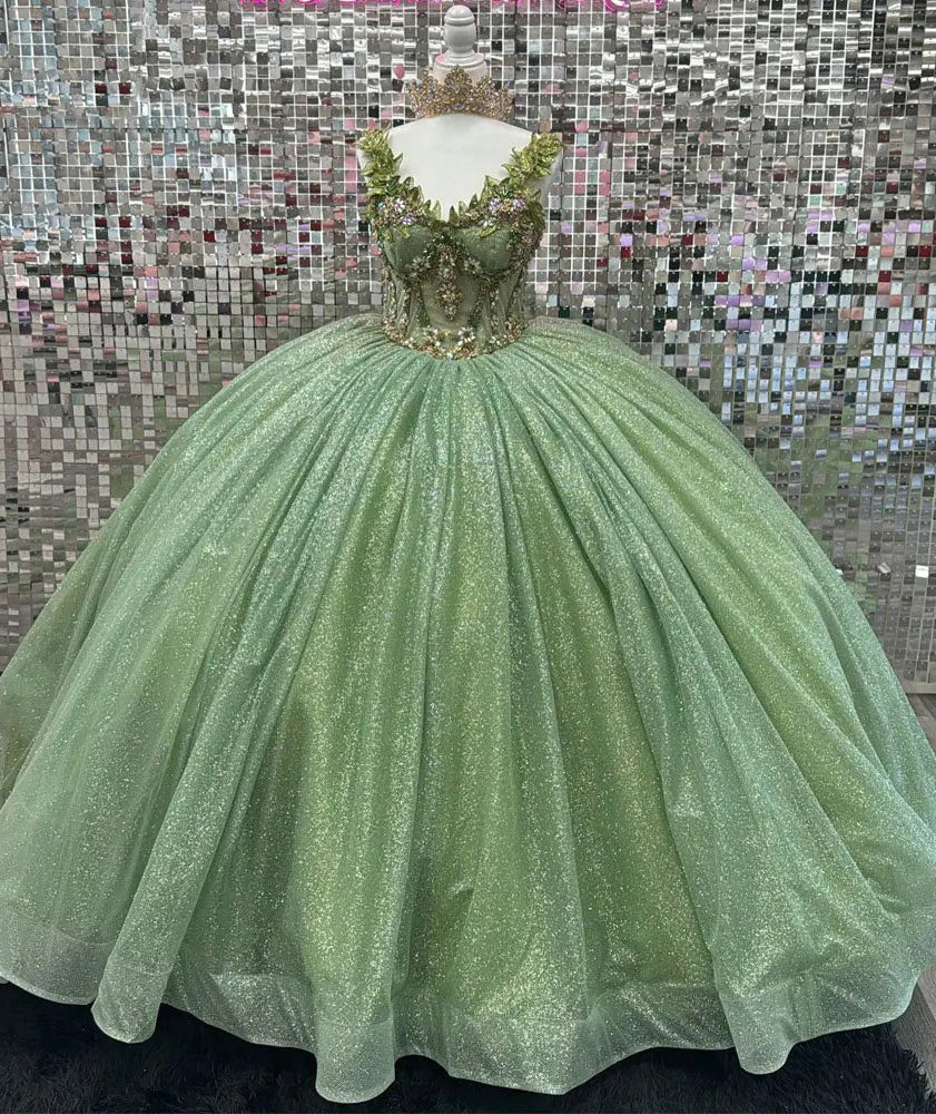 WQ1167 - Sparkly & Glitter Ball Gown V Neck Long Sleeves Flowers Appliques Beaded Sage Tulle Green Quinceanera Dress Formal Evening Party Gown for Sweet 16