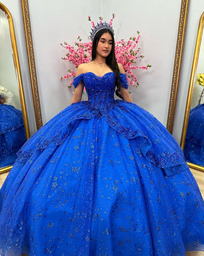 Royal Blue Quinceanera Dresses Off Shoulder Corset Ball Gown Lace Appliques Beaded Corset Tiered Glitter Tulle Ruffles Prom Party Gowns Sweet 16 Dress