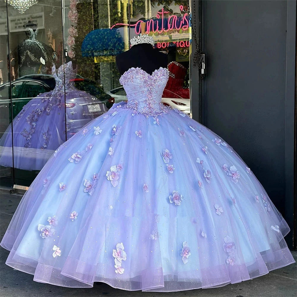 Robe de Quinceanera lavande à manches détachables, appliques de fleurs 3D, tulle perlé, robe de bal de princesse, robe de soirée Sweet 15 16