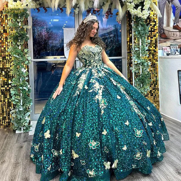 Hunter Green Sweetheart 3D Butterfly Quinceanera Kleider Ballkleid Gold Spitze Applikationen Pailletten Perlen Sweet 16 Kleid Prom Party Kleider mit Schleppe