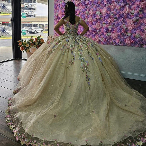 Off Shoulder Sleeveless 3D Floral Applique Beaded Champagne Quinceanera Dress for Sweet 16 WQ1196