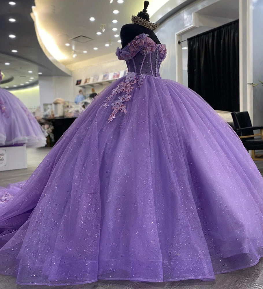 Robes de Quinceanera violettes à paillettes étincelantes, épaules dénudées, décolleté en cœur, perles, fleurs 3D, appliques en dentelle, fête d'anniversaire, laçage dans le dos, corset, robes Sweet 16