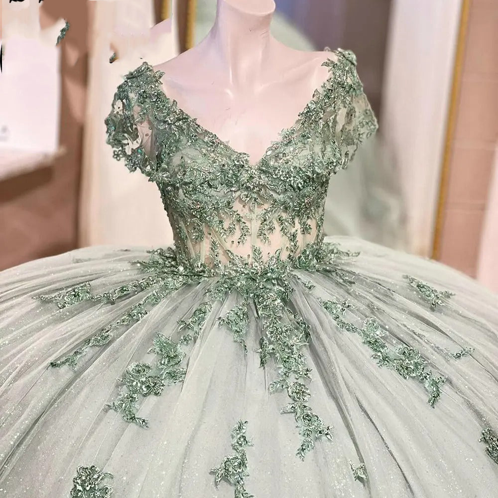 Mint Green Sparkly V-Neck Quinceanera Dresses Appliques Lace Beads Corset Glitter Tulle Bow Sweet 15 16 Birthday Party Ball Gowns