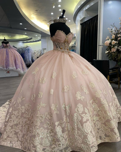 WQ1099 - Luxury Ball Gown Sweetheart Neck Off Shoulder Lace Appliques Beaded Pink Tulle Quinceanera Dress Princess Prom Party Gown for Sweet 16