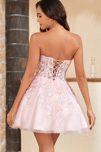 WH1002 - Chic & Modern A-Line Sweetheart Fully Sequins Appliques Baby Pink Glitter Tulle Lace Up Homecoming Dress