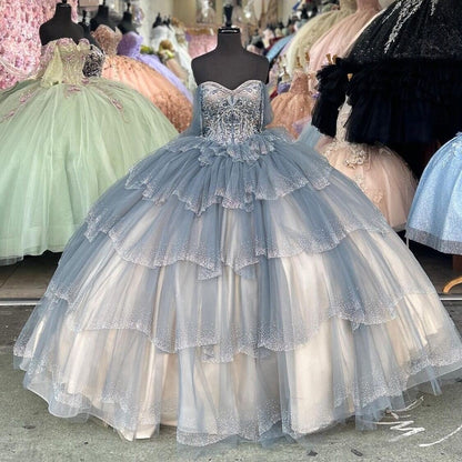 Off the Shoulder Princess Quinceanera Dresses Ball Gown 2024 Sweet 16 Girls Prom Dress Beads Tiered Ruffles Sparkly Tulle Lace Up Birthday Party Dress