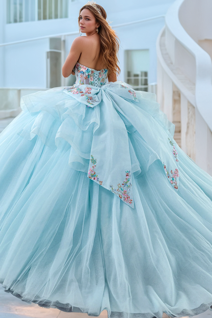 WQ1304 - Gorgeous Ball Gown Sweetheart Neck Long Detachable Sleeves Colorful 3D Flower Appliques Lace Up Baby Blue Tulle Quinceanera Dress Evening Party Dress for Sweet 16