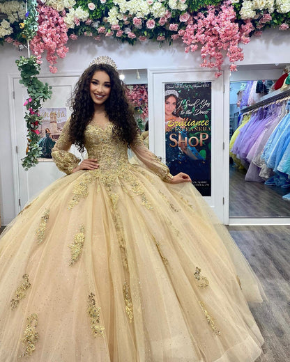 Sweetheart Quinceanera Dresses with Long Sleeves Sparkly Lace Appliques Beaded Tulle Bow Formal Prom Party Gowns Sweet 16 Dress Princess Ball Gown