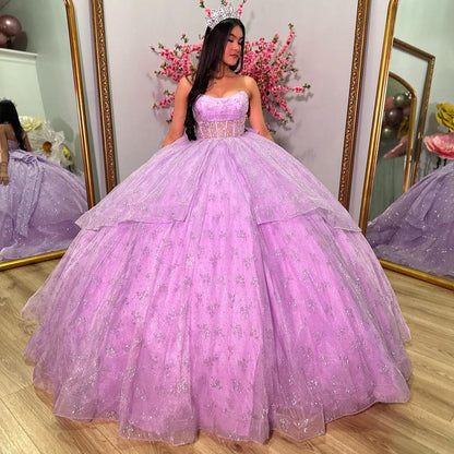 WQ1152 - Chic & Glitter Ball Gown Strapless Tiered Bow Knot Lilac Tulle Quinceanera DressPrincess Evening Party Gown for Sweet 16