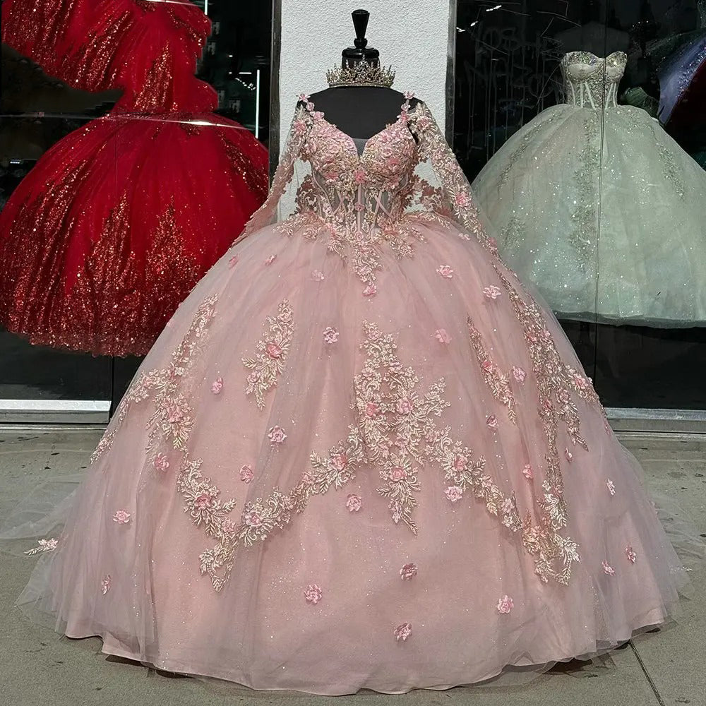 Pink Off The Shoulder Ball Gown Quinceanera Dresses With Cape 3D Flowers Appliques Lace Beaded Corset Sweet 15 16 Princess Party Dress