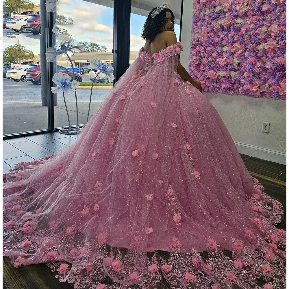 Pink Off Shoulder Quinceanera Dresses For Sweet 15 16 Years Birthday Party Gowns with Fairy Cape Flowers Lace Appliques Beaded Glitter Tulle Puffy Ball Gown