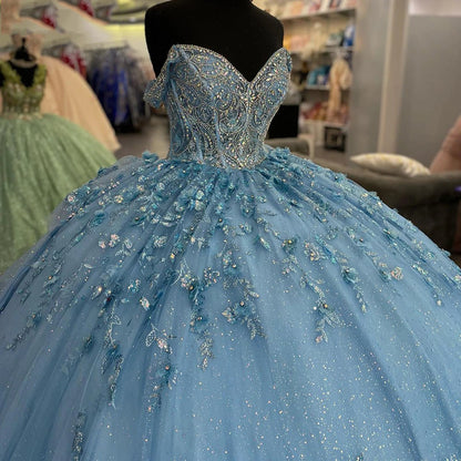 WQ1088 - Ball Gown Off Shoulder Tiered 3D Flowers Appliques Light Blue TulleQuinceanera Dresses Princess Formal Evening Party Gown for Sweet 16