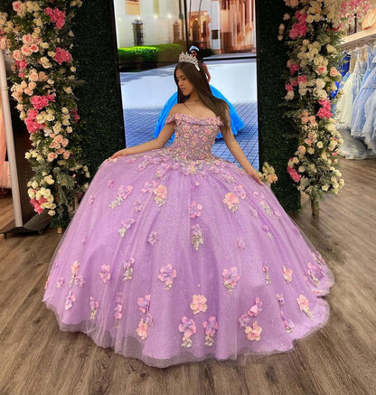 WQ1138 - Chic & Modern Ball Gown Off Shoulder 3D Flower Appliques Sequins Lilac Tulle Formal Evening PartyQuinceanera Dress Princess for Sweet 16