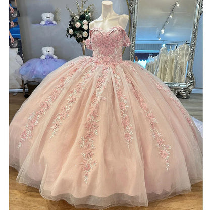 Light Pink Quinceanera Dresses Flowers Lace Appliques Off Shoulder Beads Corset Tulle Plus Size Princess Formal Party Prom Evening Gowns