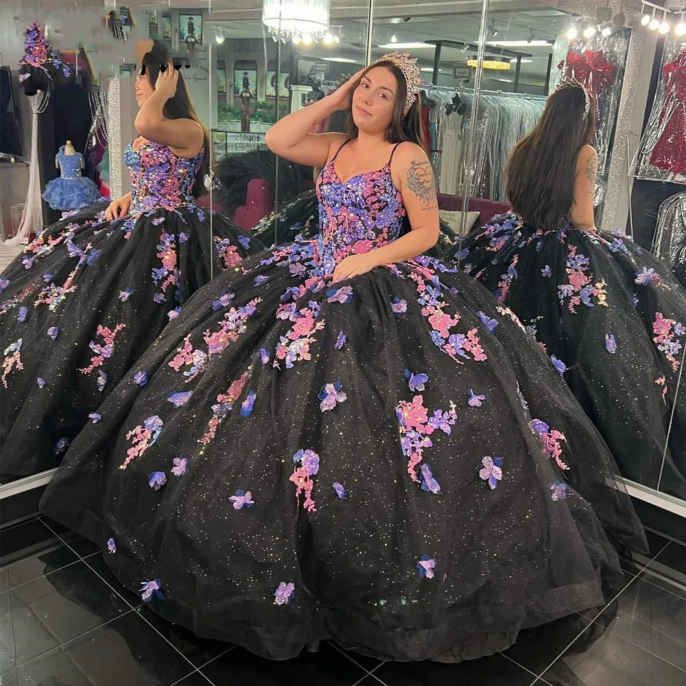 Black Sequin Quinceanera Dresses Floral Lace Applique Sweetheart Spaghetti Straps Beading Glitter Tulle Sweet 16 Birthday Party Gown