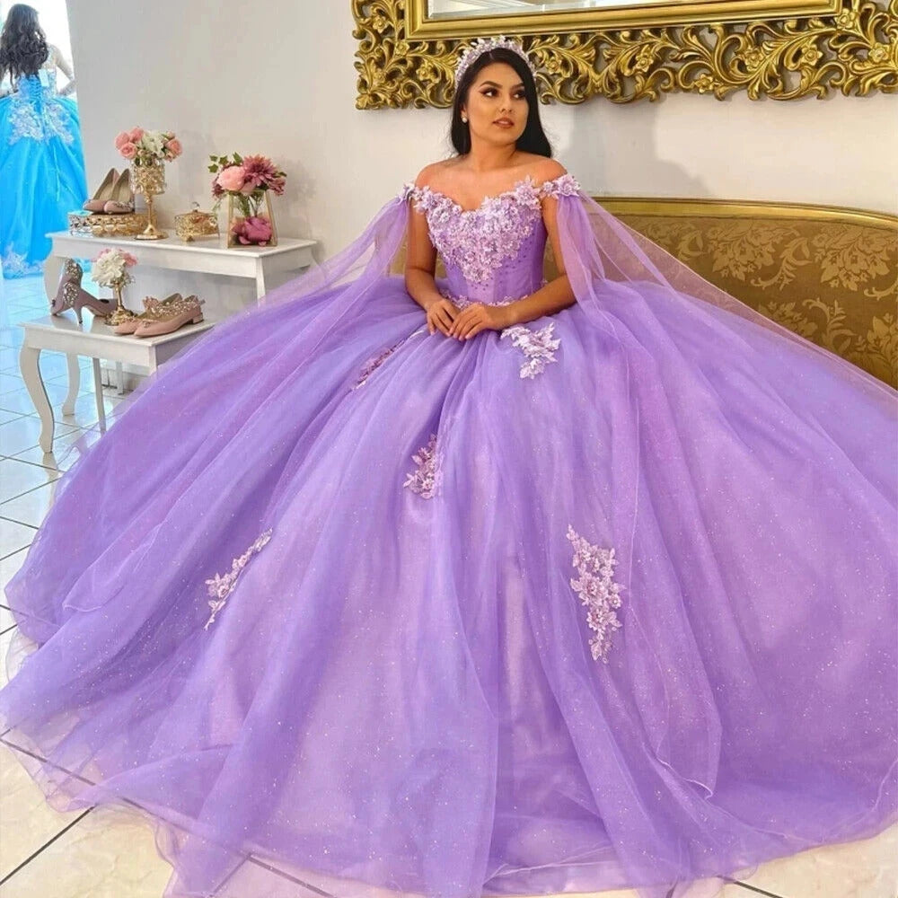 Robes de Quinceanera lavande à épaules dénudées, robe de bal, fleurs 3D, appliques en dentelle, tulle gonflé, perles, robes Sweet 16, robes de soirée, 2024