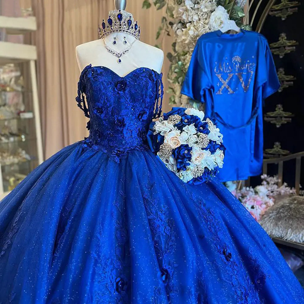 Royal Blue Glitter 3D Flowers Quinceanera Dresses Ball Gown Off The Shoulder Appliques Lace Beads Princess Sweet 16 Birthday Party Prom Dress