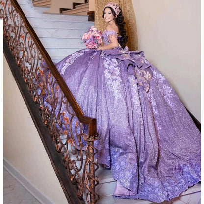 Luxury Purple Off Shoulder Sweetheart Quinceanera Dresses 2024 Beads 3D Floral Applique Lace Tiered Ruffles Sweet 15 16 Birthday Party Ball Gowns