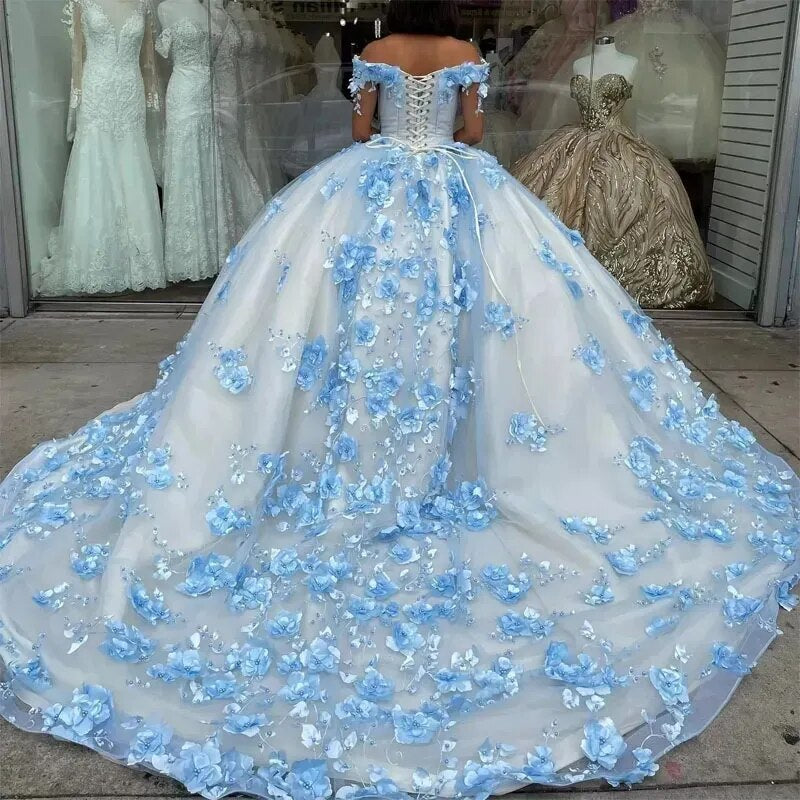 Robe de bal princesse bleu ciel à épaules dénudées, robe de bal à fleurs 3D, appliques, perles, longue traîne, corset à lacets, robe de bal, robe Sweet 16