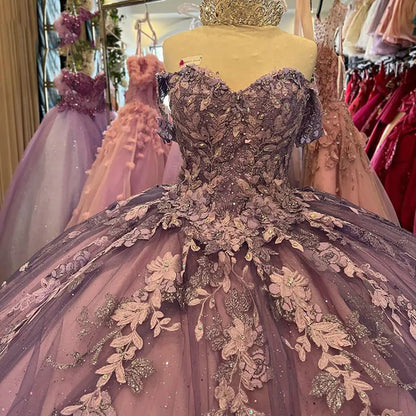 Glitter Off The Shoulder Sweetheart Ball Gown Quinceanera Dresses Floral Appliques Lace Beading Corset Birthday Prom Gowns Sweet 16 Dress