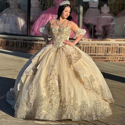 Robe de bal de luxe en champagne pour filles, robe de soirée d'anniversaire, en tulle, avec appliques en dentelle, corset perlé, 16 ans