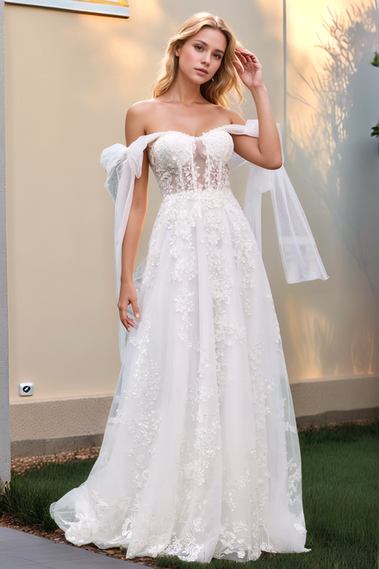 WW1034 - Modern & Chic A-Line Off Shoulder Seeveless Appliques Lace Up Tulle Boho Wedding Dress Beach Bride Gown