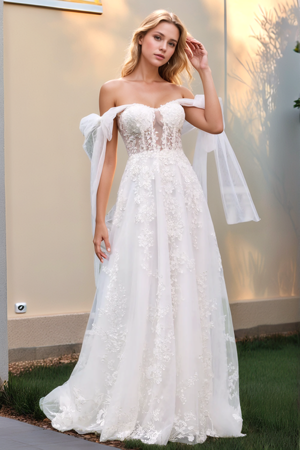 A-Line Off Shoulder Appliques Lace Up Tulle Boho Wedding Dress WW1034