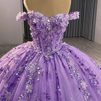 Purple Off Shoulder Sweetheart Puffy Quinceanera Dresses Lace Appliques Beaded Corset Glitter Tulle Sweet 16 Dress Prom Party Gowns