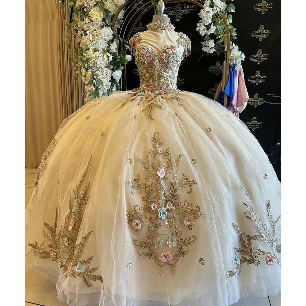 Champagne 3D Flowers Appliques Lace Beading Tassel Quinceanera Dresses Ball Gown Sweetheart Bow Tulle Sweet 16 Birthday Party Gowns