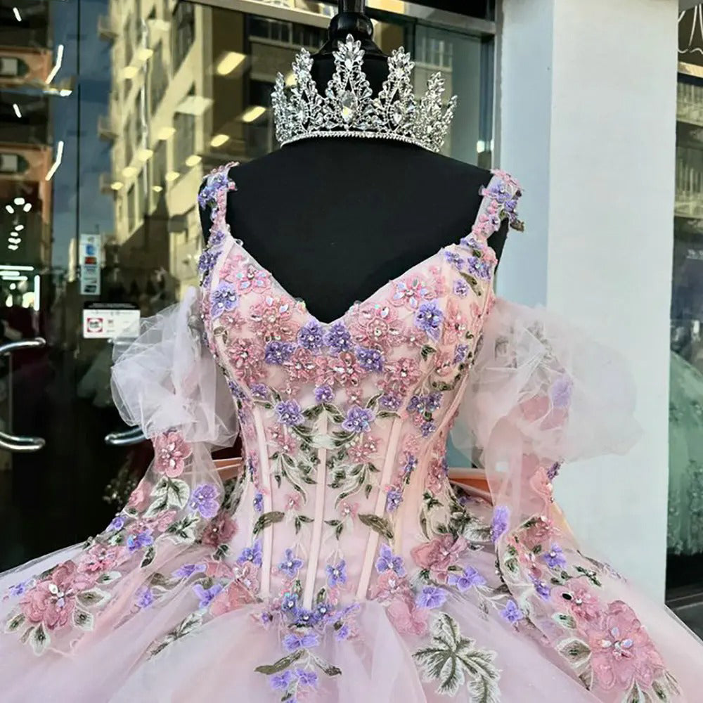 Pink Quinceanera Dresses V Neck Spaghetti Straps Ball Gown Puff Sleeves Floral Appliques Lace Beading Corset Tiered Ruffles Bow Sweet 16 Party Gown