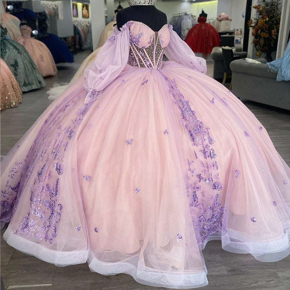 Rosa Herzausschnitt Korsett Ballkleid Off Shoulder Prinzessin Quinceanera Kleider Schmetterling Applikationen Funkelnde Perlen Tüll Lange Ärmel Abschlussball Party Kleider