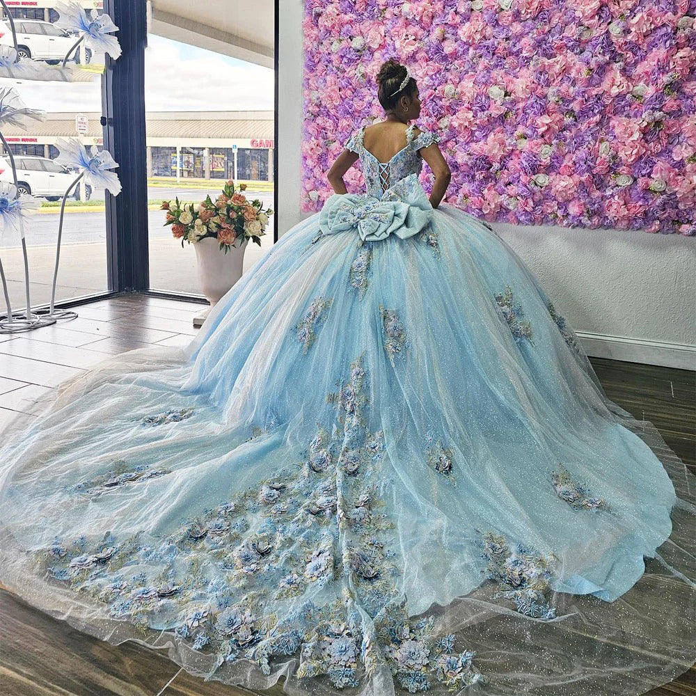 WQ1194 - Luxury & Gorgeous Ball Gown Off Shoulder Beaded Flowers Appliques Sky Blue Tulle Quinceanera Dress Princess Birthday Party Gown for Sweet 16