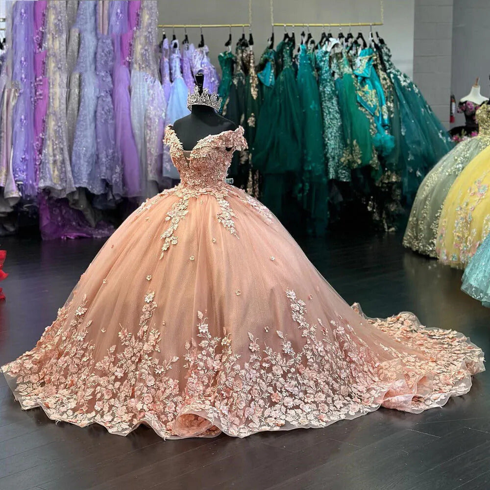 WQ1012 - Ball Gown Off Shoulder 3D Flower Appliques Sweep Train Pink Tulle Princess Quinceanera Dress