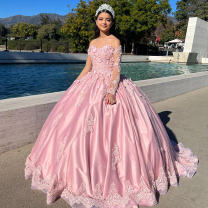 WQ1063 - Elegant Ball Gown Off Shoulder Long Sleeves Lace Appliques Beaded  Pink Satin Quinceanera Dress for Sweet 16