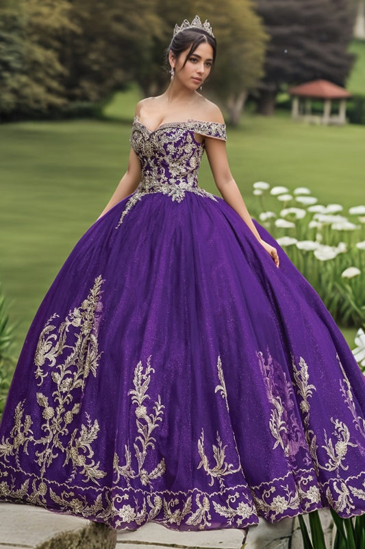 WQ1293 - Elegant & Classic Ball Gown Off Shoulder Sleeveless Gold Flower Appliques Lace Up Dark Purple Tulle Quinceanera Dress Birthday Party Dress for Sweet 16