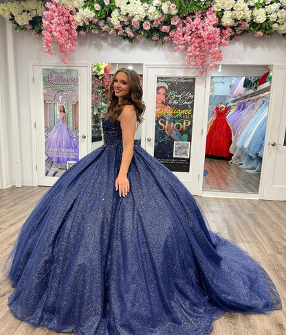 WQ1113 - Elegant & Classic Ball Gown Sweetheart Neck Sleeveless Navy Blue Tulle Quinceanera Dress Princess Prom Party Gown for Sweet 16