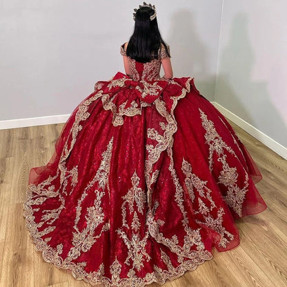 Sparkly Red Sweet 16 Ball Gown Quinceanera Dresses with Bow Beaded Lace Appliques Off Shoulder Tiered Ruffles Birthday Prom Party Gowns