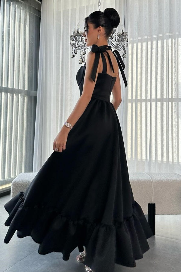 WU1088 - Classic & Simple A-Line Sweetheart Neck Straps Sleeveless Prom Party Dress Black Satin Floor Length Evenng Gown Wedding Guest Dress