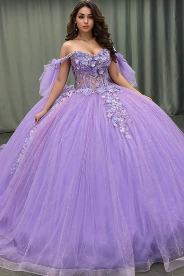 Off Shoulder Sleeveless Beaded Sequins 3D Flower Appliques Purple Quinceanera Dress WQ1333