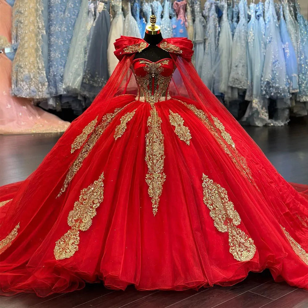 Red Quinceanera Dress 2024 with Luxury Cape Sweetheart Gold Appliques Beads Corset Long Trian Sweet 15 16 Years Birthday Party Gown