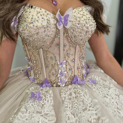Sweetheart Ball Gown Tulle Lace Appliques Quinceanera Dresses Beaded Corset Butterfly Princess Sweet 16 Dress for Juniors