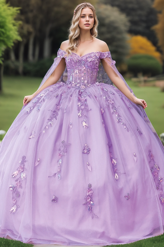 WQ1303 - Elegant Ball Gown Off Shoulder Sleeveless Sequins Appliques Purple Tulle Quinceanera Dress Birthday Party Gown for Sweet 16