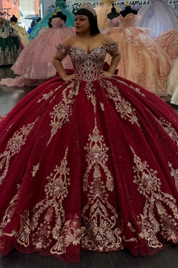 Off Shoulder Sleeveless Gold Sequins Appliques Bow Knot Burgundy Quinceanera Dress WQ1367